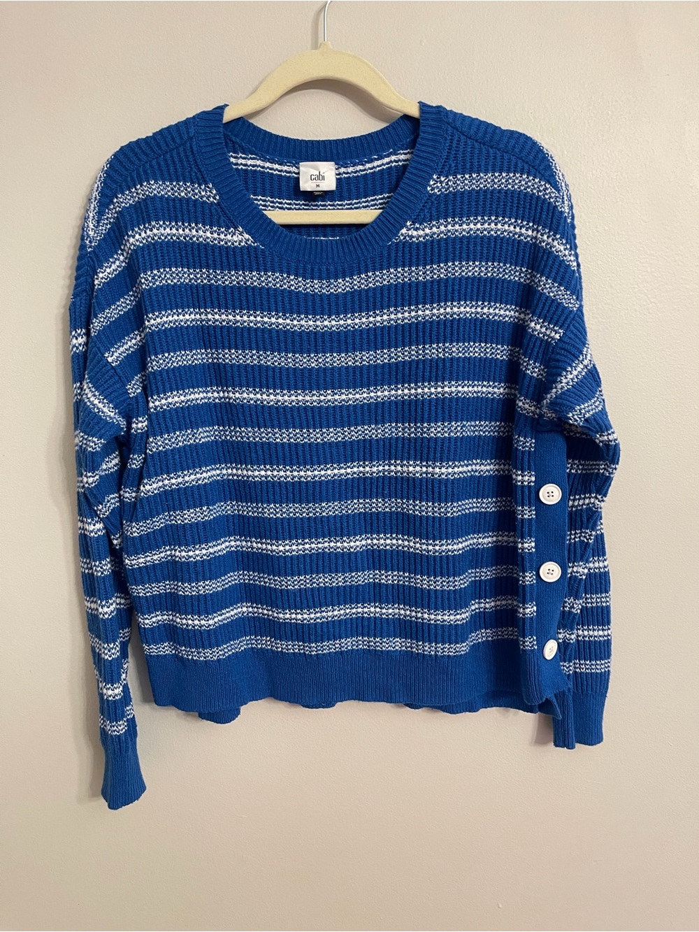 CAbi blue and white striped crewneck sweater with sleeve buttons